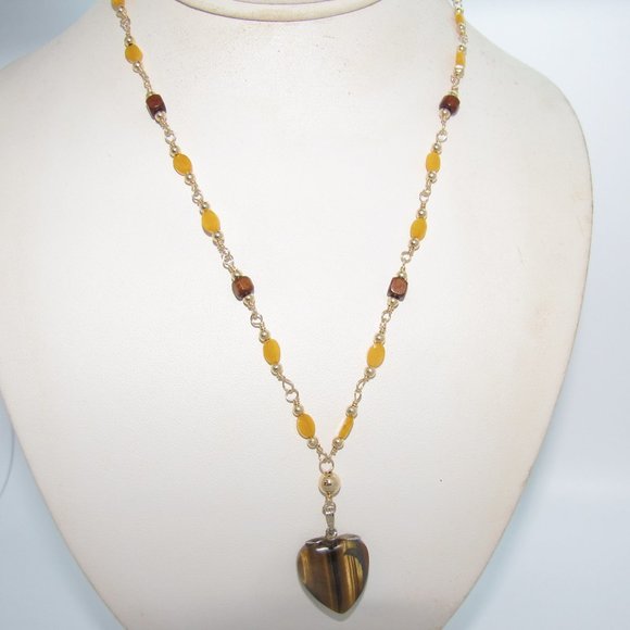 Aquarian Bohemian Art Jewelry - 21" Handmade Necklace: Jade, Wood, Gold-Filled, Wire Wrapped, Tigers Eye HEART